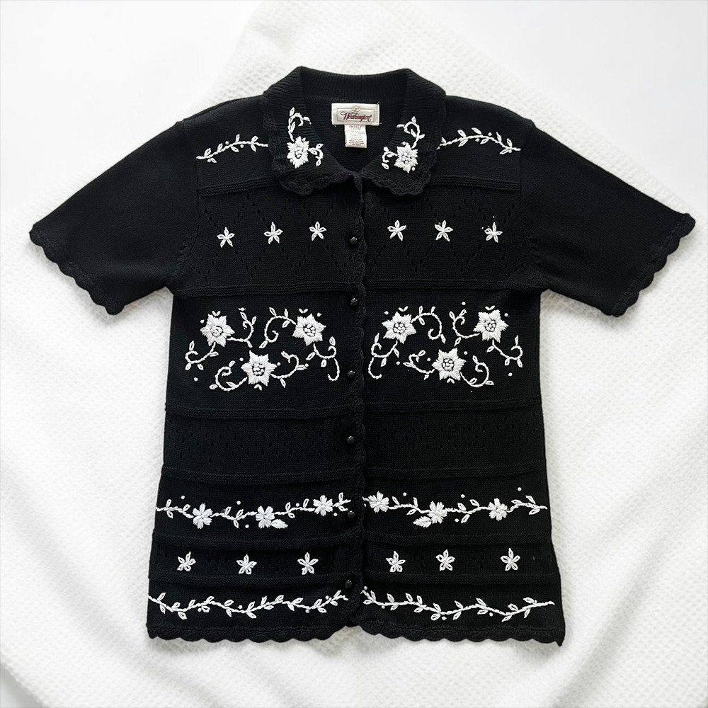 Vintage Cardigan Sweater Women's Small Black White Floral Embroidery Pointelle